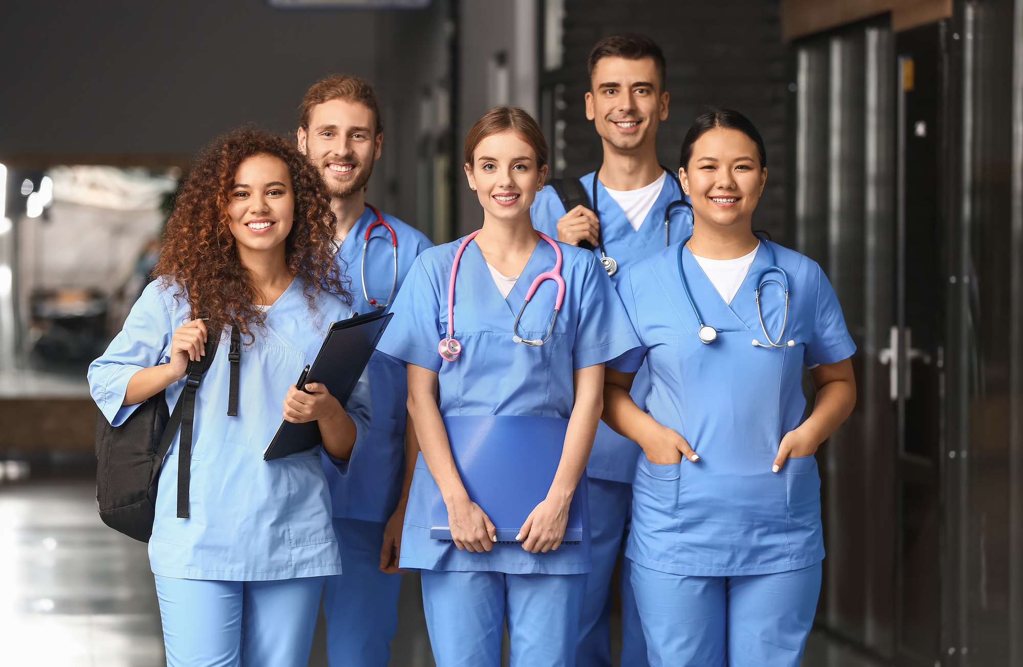 Group of students in corridor of medical university